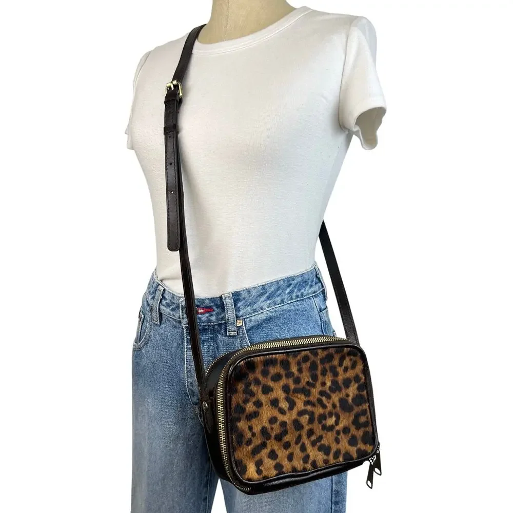Patricia Nash Leopard Haircalf Rimini Double Zip Box Crossbody Bag